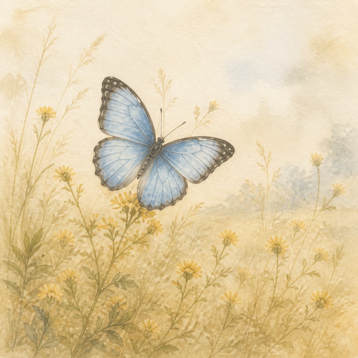 A pale-blue butterfly among sunlit yellow wildflowers