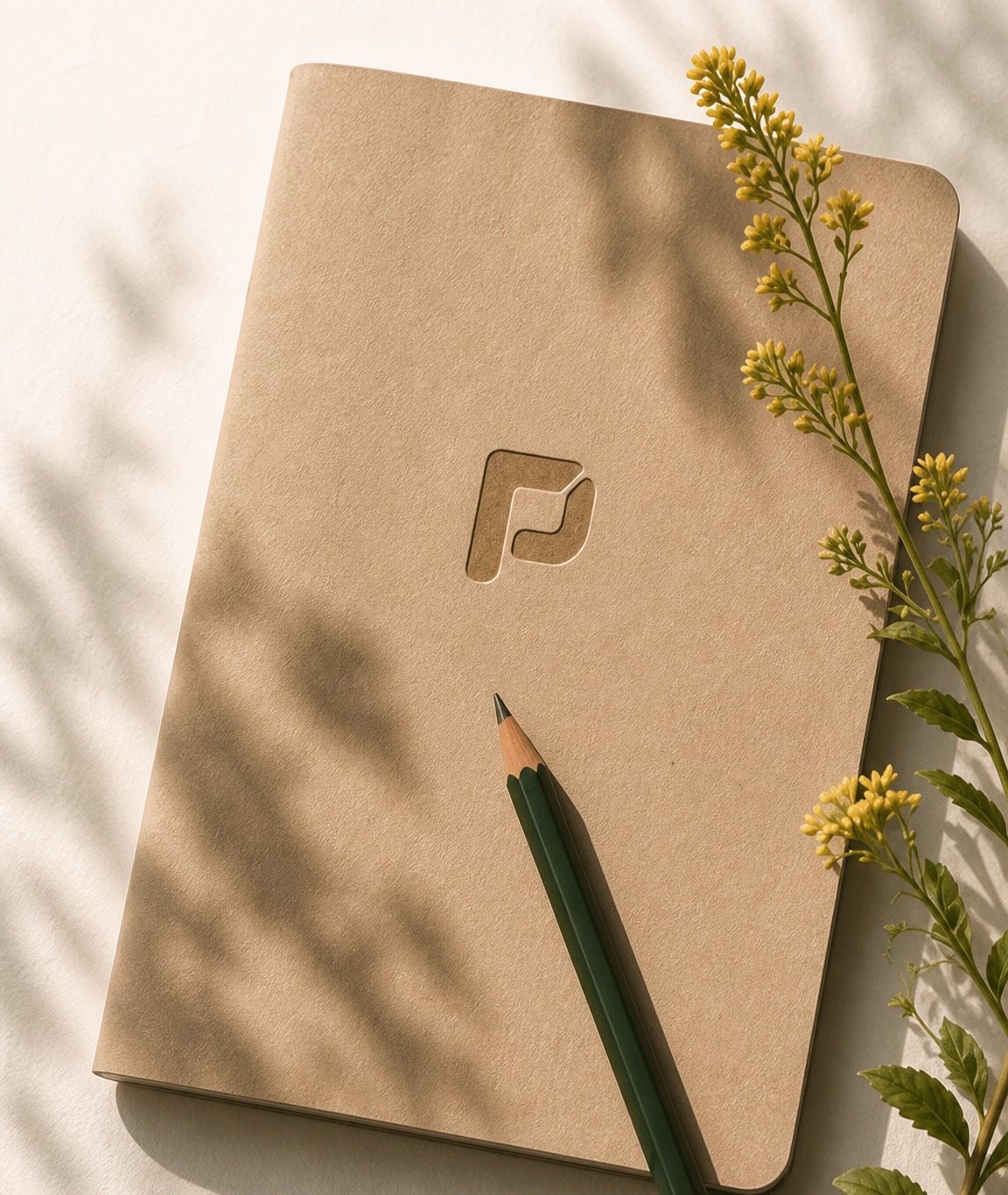 A kraft notebook and green pencil beside yellow wildflowers in dappled sunlight
