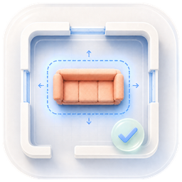 A top-down room plan with a peach sofa inside a dashed clearance outline